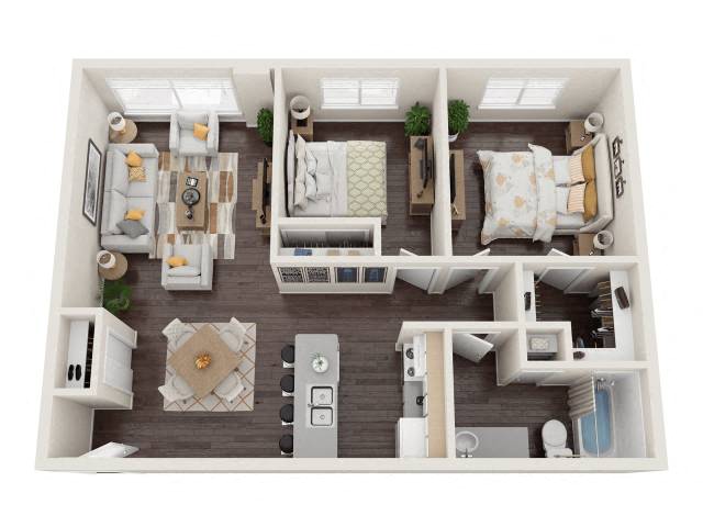 Floor plan for 2 beds, 1 bath, 761 sqft